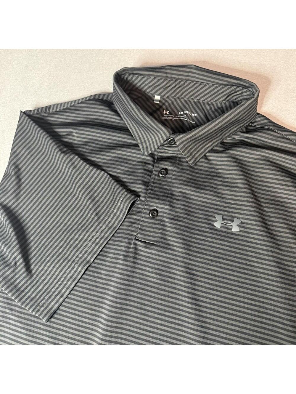 Under Armour Polo Mens‎ 2XL Black Striped Golf  Polo Golf Performance Heat Gear